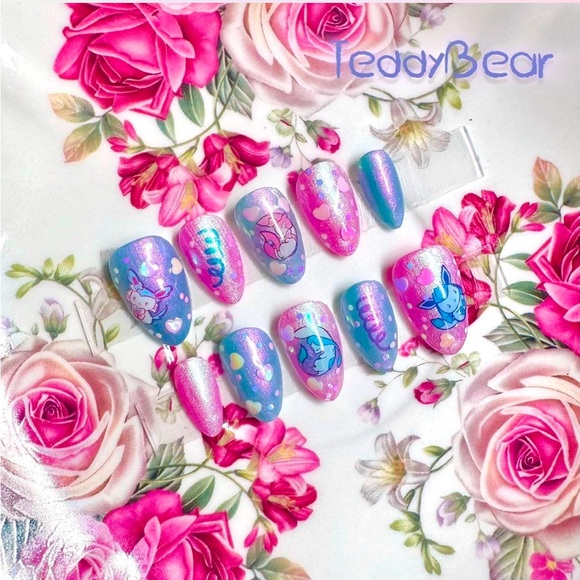 🌸 Eevolutions - Sylveon Hearts ❄️ ฅ՞•ﻌ•՞ฅ PressOn Nails - Picture 1 of 4